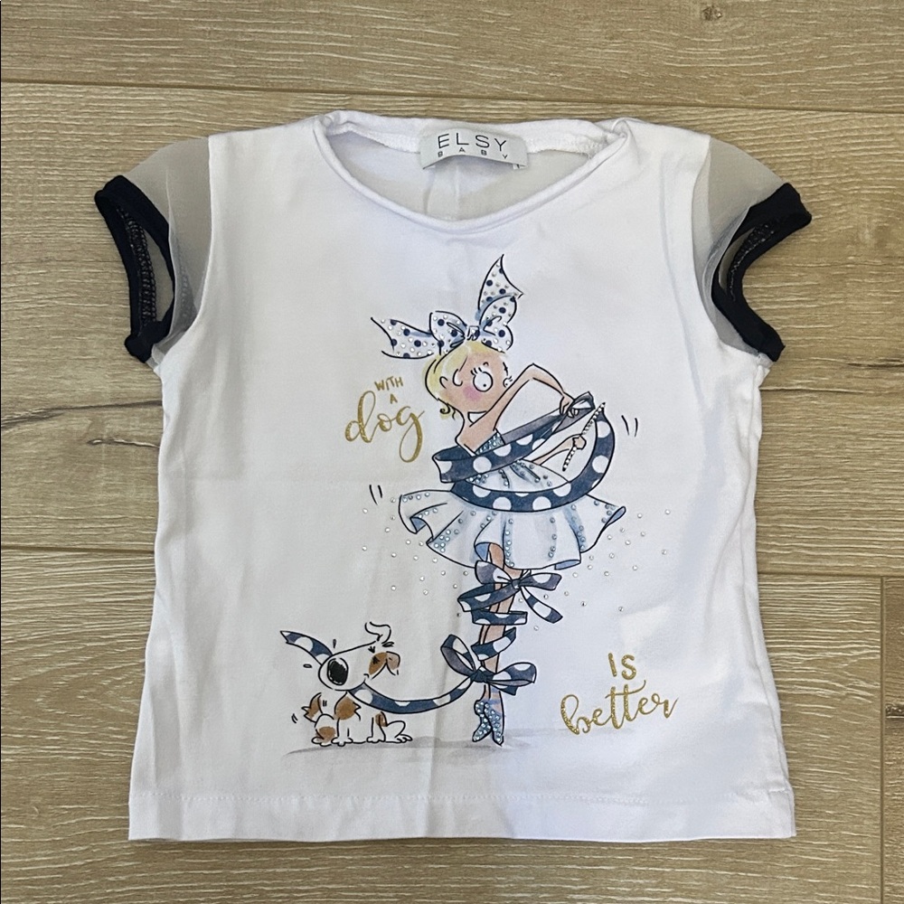 White Tee with Dog and Ballerina Print